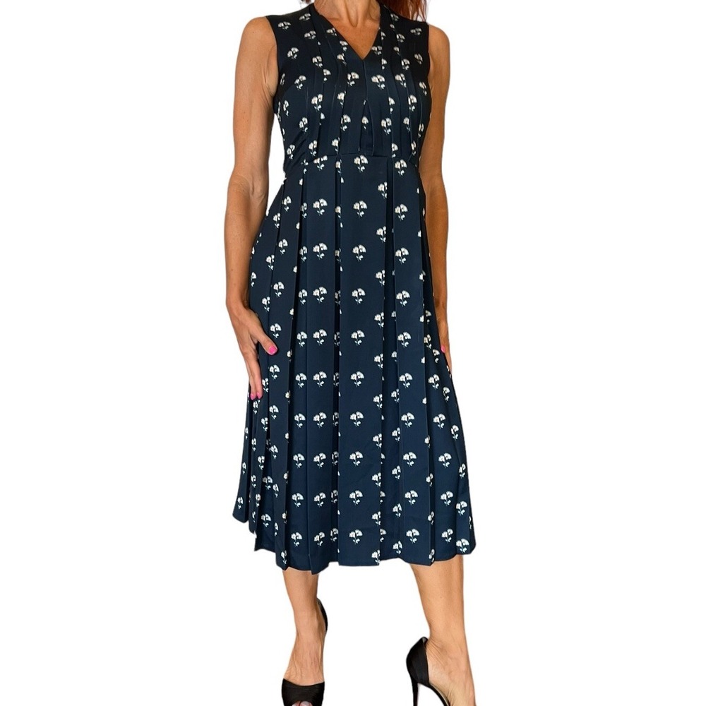 Victoria Beckham Womens Dress Navy Daisy Print Pleated Fit+Flare Sleeveless sz 2